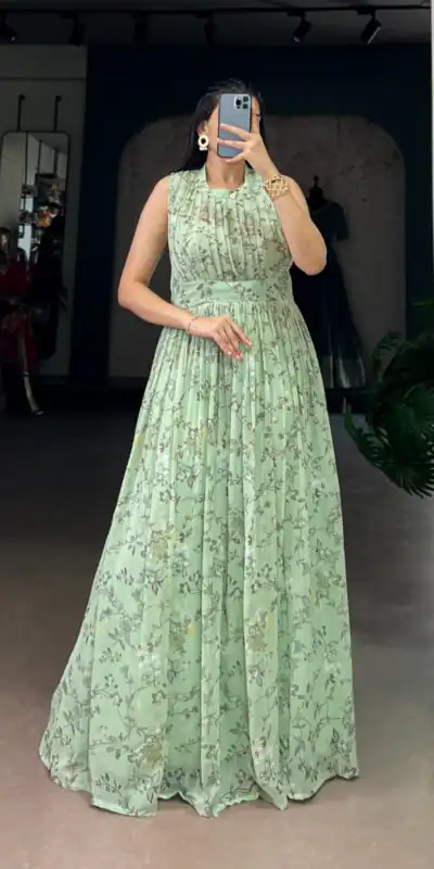 Sea Green Weightless Marbal Floral Print Gown | Gowns, Bollywood Gowns, Creative Gowns, Designer Gowns, Embroidered Gowns, Party Wear Gowns
