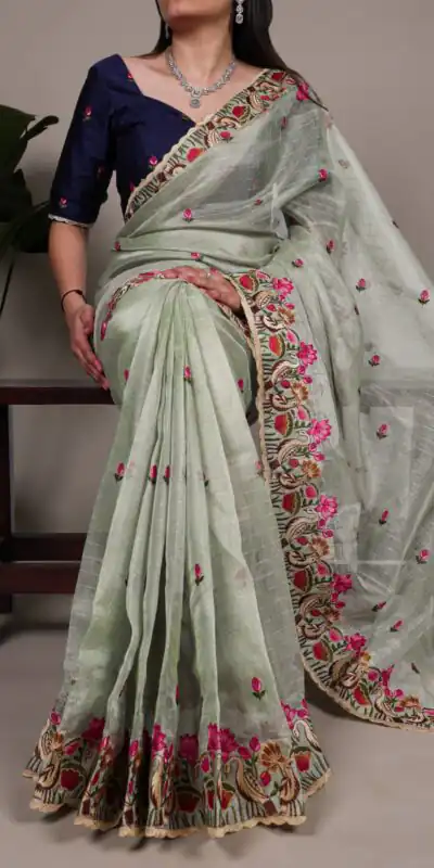 Sea Green Zari Kota Tissue Embroidery Zari Work Saree | Sarees, Bollywood Sarees, Creative Sarees, Designer Sarees, Embroidered Sarees, Ethnic Saree, Modern Digital sarees, Party Wear Sarees