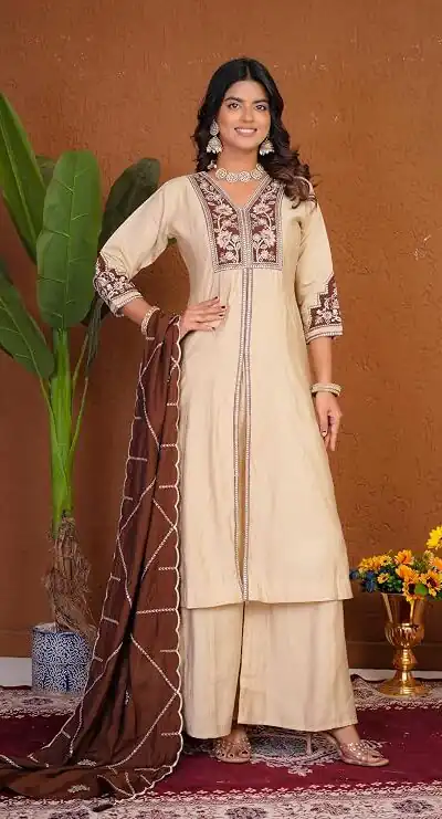 DIVA 152 Cream Color Roman Silk Salwar Suit with Embroidery Work. Available at ₹2399 only. Delivery 4-6 Working Days. Shop now. | Jump Suits, Salwar suit, Casual Suits, Creative suits, Designer Suits, Palazzo Suits, Party Wear Suits, Patiala Suits, Straight Suits