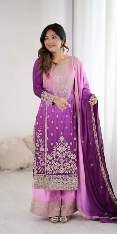 KD 1621 Purple Shaded Chinon silk Salwar Suit with Thread Embroidery. Festive Deal ₹2399. Delivery 4-6 Working Days. Shop now. | Jump Suits, Salwar suit, Casual Suits, Creative suits, Designer Suits, Palazzo Suits, Party Wear Suits, Patiala Suits, Straight Suits