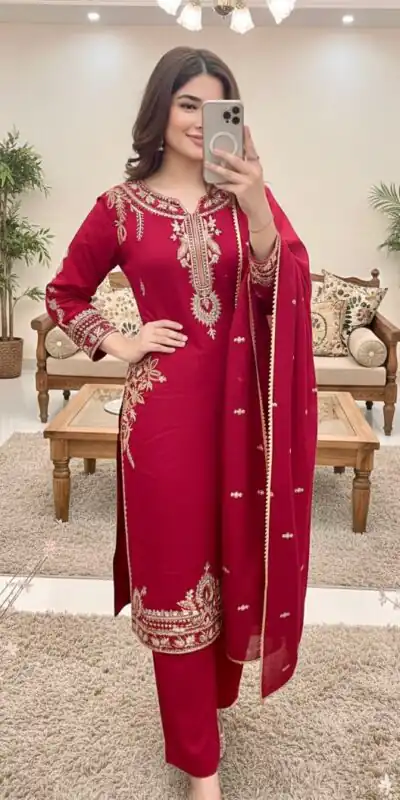 Shiny Red Roman Silk Embroidery Work Salwar Suit | Jump Suits, Salwar suit, Casual Suits, Creative suits, Designer Suits, Palazzo Suits, Party Wear Suits, Patiala Suits, Straight Suits