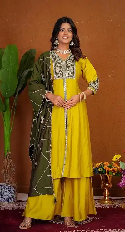 DIVA 152 Yellow Color Roman Silk Salwar Suit with Embroidery Work. Available at ₹2399 only. Delivery 4-6 Working Days. Shop now. | Jump Suits, Salwar suit, Casual Suits, Creative suits, Designer Suits, Palazzo Suits, Party Wear Suits, Patiala Suits, Straight Suits