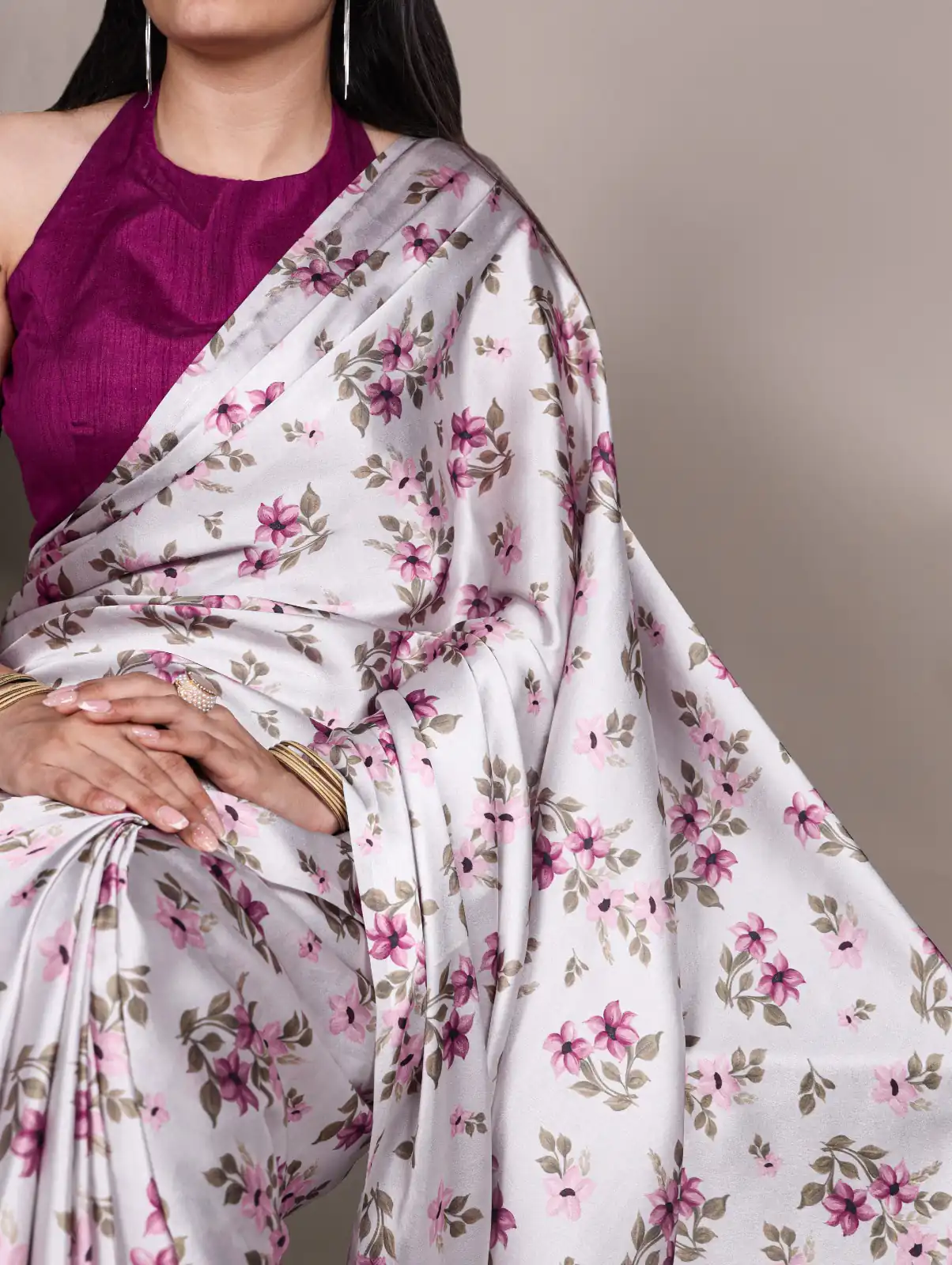 Silver Satin Silk Floral Print Saree | Sarees, Bollywood Sarees, Creative Sarees, Designer Sarees, Embroidered Sarees, Ethnic Saree, Modern Digital sarees, Party Wear Sarees