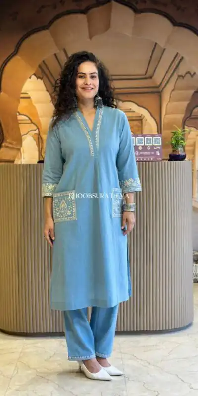 Sky Blue Cambric Cotton Embroidery Lace Work Kurti | Kurti, Bollywood Kurti, Creative Kurtis, Designer Kurti, Party Wear Kurti, Selfie Kurti
