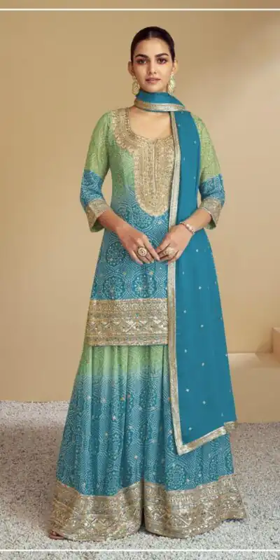 Sky Blue Chinon Digital Print With Mat Sequence Sharara Suit | Jump Suits, Salwar suit, Casual Suits, Creative suits, Designer Suits, Palazzo Suits, Party Wear Suits, Patiala Suits, Straight Suits