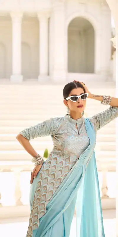 Sky Blue Chinon Embroidery Work Lace Border Saree | Sarees, Bollywood Sarees, Creative Sarees, Designer Sarees, Embroidered Sarees, Ethnic Saree, Modern Digital sarees, Party Wear Sarees