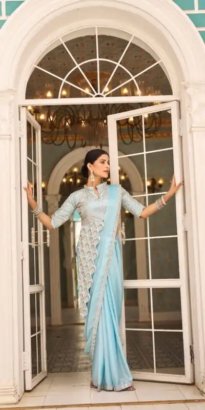 Sky Blue Chinon Embroidery Work Lace Border Saree | Sarees, Bollywood Sarees, Creative Sarees, Designer Sarees, Embroidered Sarees, Ethnic Saree, Modern Digital sarees, Party Wear Sarees