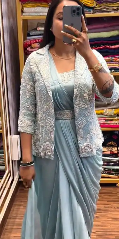 Sky Blue Chinon Silk Embroidery Work Saree | Sarees, Bollywood Sarees, Creative Sarees, Designer Sarees, Embroidered Sarees, Ethnic Saree, Modern Digital sarees, Party Wear Sarees