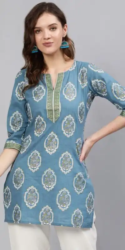 Sky Blue Cotton Printed Kurti | Kurti, Bollywood Kurti, Creative Kurtis, Designer Kurti, Party Wear Kurti, Selfie Kurti
