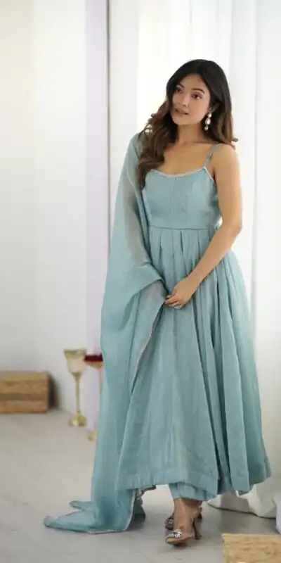 Sky Blue Crunch Silk Lace Work Salwar Suit | Jump Suits, Salwar suit, Casual Suits, Creative suits, Designer Suits, Palazzo Suits, Party Wear Suits, Patiala Suits, Straight Suits