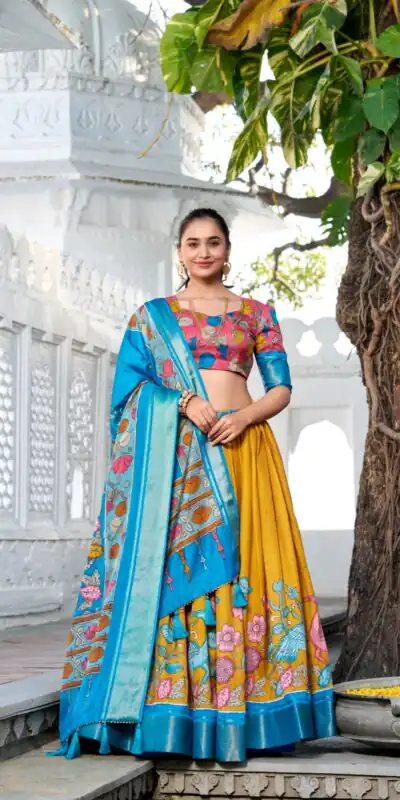 Sky Blue Dola Silk Print Zari Border Lehenga Choli | Lehenga, Bollywood Lehenga, Creative Lehenga, Designer Lehenga, Embroidered Lehenga, Party Wear Lehenga
