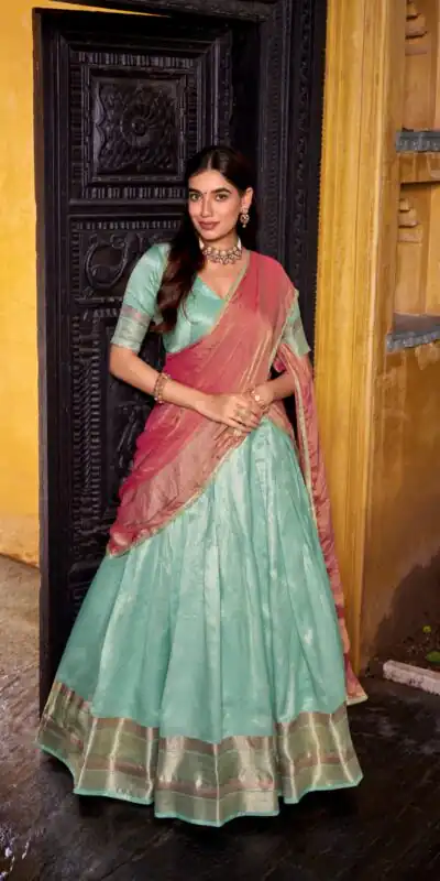 Sky Blue Dupion Silk Lace Zari Work Lehenga Choli | Lehenga, Bollywood Lehenga, Creative Lehenga, Designer Lehenga, Embroidered Lehenga, Party Wear Lehenga