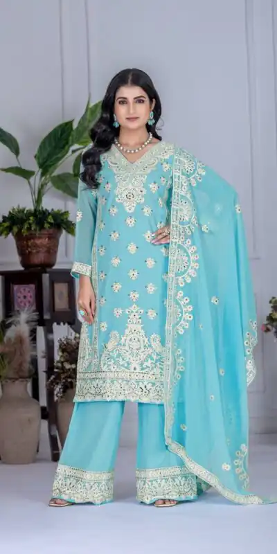 Sky Blue Faux Georgette With Embroider Salwar Suit | Jump Suits, Salwar suit, Casual Suits, Creative suits, Designer Suits, Palazzo Suits, Party Wear Suits, Patiala Suits, Straight Suits