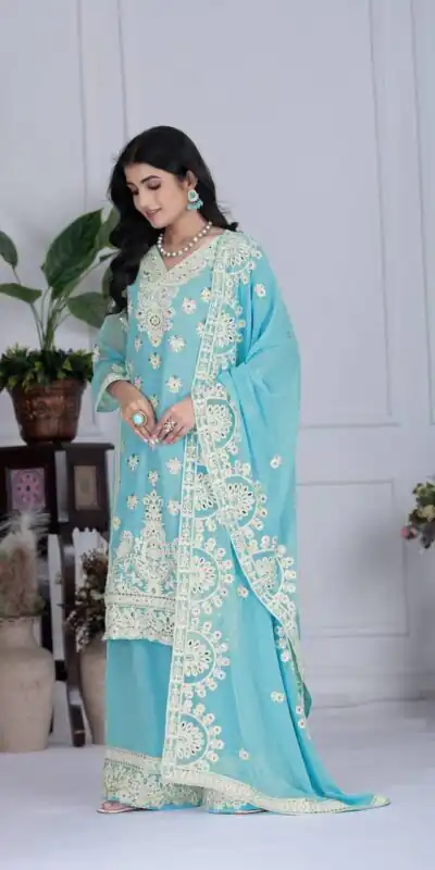 Sky Blue Faux Georgette With Embroider Salwar Suit | Jump Suits, Salwar suit, Casual Suits, Creative suits, Designer Suits, Palazzo Suits, Party Wear Suits, Patiala Suits, Straight Suits