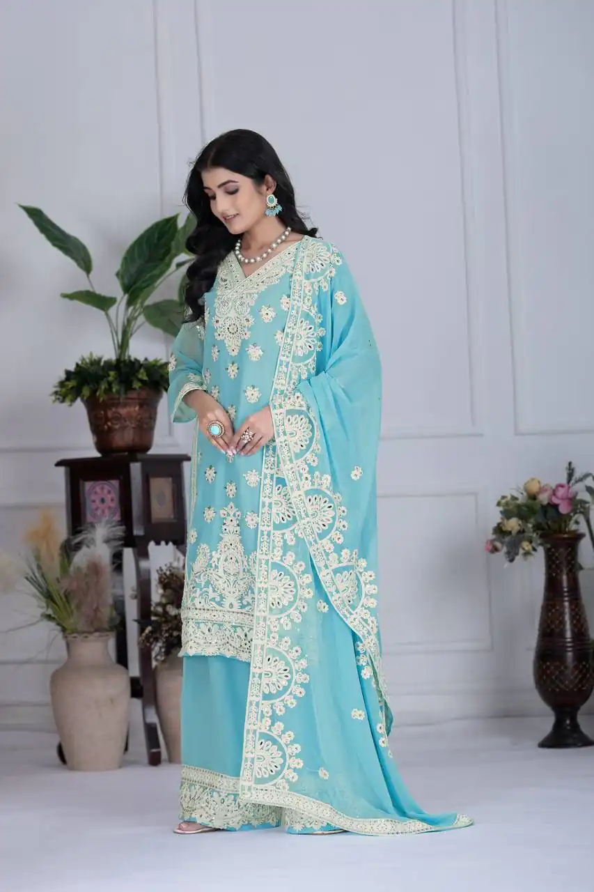 Sky Blue Faux Georgette With Embroider Salwar Suit | Jump Suits, Salwar suit, Casual Suits, Creative suits, Designer Suits, Palazzo Suits, Party Wear Suits, Patiala Suits, Straight Suits