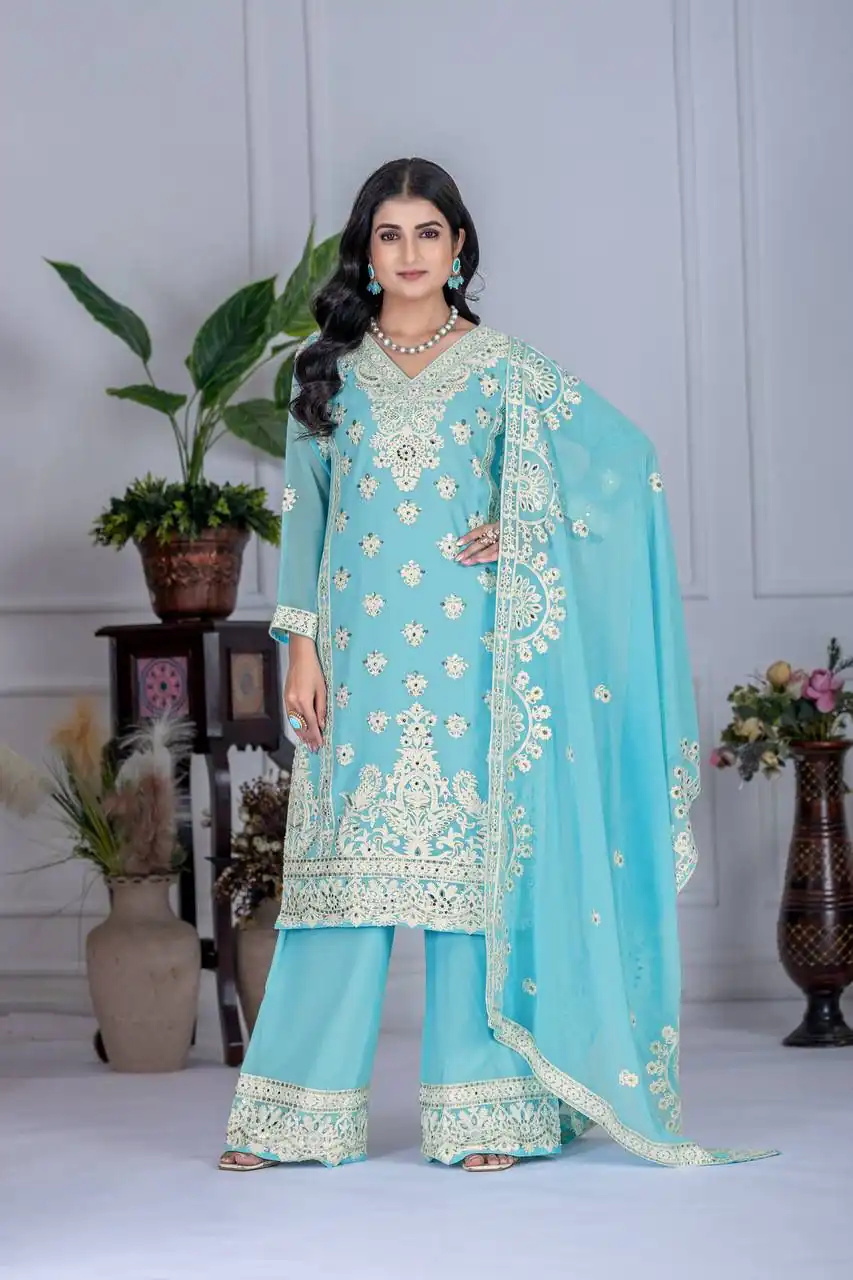 Sky Blue Faux Georgette With Embroider Salwar Suit | Jump Suits, Salwar suit, Casual Suits, Creative suits, Designer Suits, Palazzo Suits, Party Wear Suits, Patiala Suits, Straight Suits
