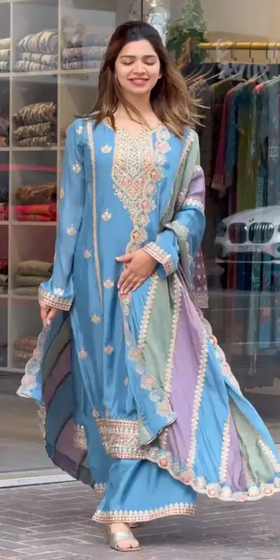 Sky Blue Faux Georgette With Embroidery Sequence Work Salwar Suit | Jump Suits, Salwar suit, Casual Suits, Creative suits, Designer Suits, Palazzo Suits, Party Wear Suits, Patiala Suits, Straight Suits