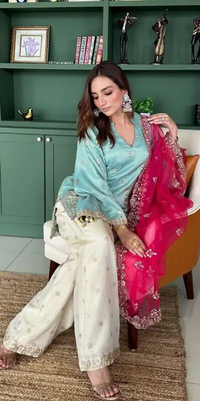 Sky Blue French Crepe Embroidery Sequins Work Salwar Suit | Jump Suits, Salwar suit, Casual Suits, Creative suits, Designer Suits, Palazzo Suits, Party Wear Suits, Patiala Suits, Straight Suits