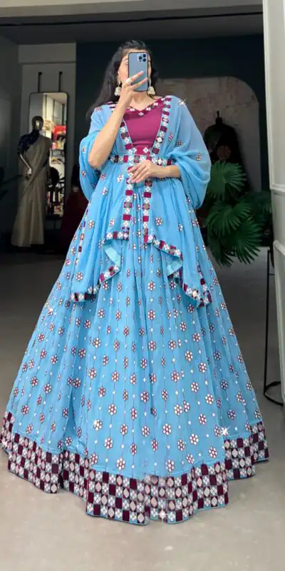 Sky Blue Georgette Mirror Work Lehenga Choli | Lehenga, Bollywood Lehenga, Creative Lehenga, Designer Lehenga, Embroidered Lehenga, Party Wear Lehenga