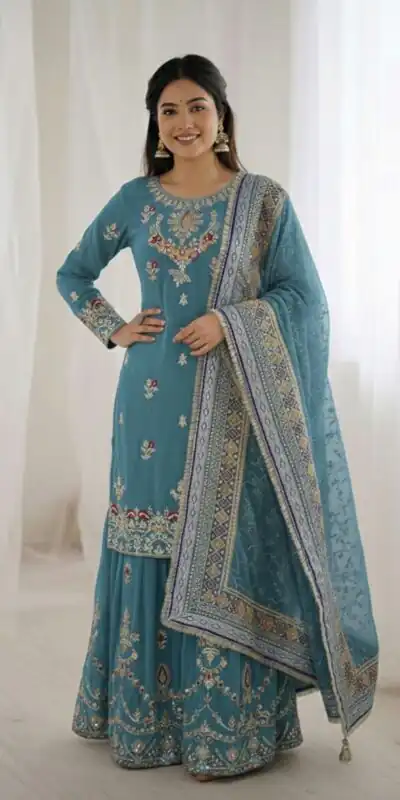 Sky Blue Georgette Sequence Work Salwar Suit | Jump Suits, Salwar suit, Casual Suits, Creative suits, Designer Suits, Palazzo Suits, Party Wear Suits, Patiala Suits, Straight Suits