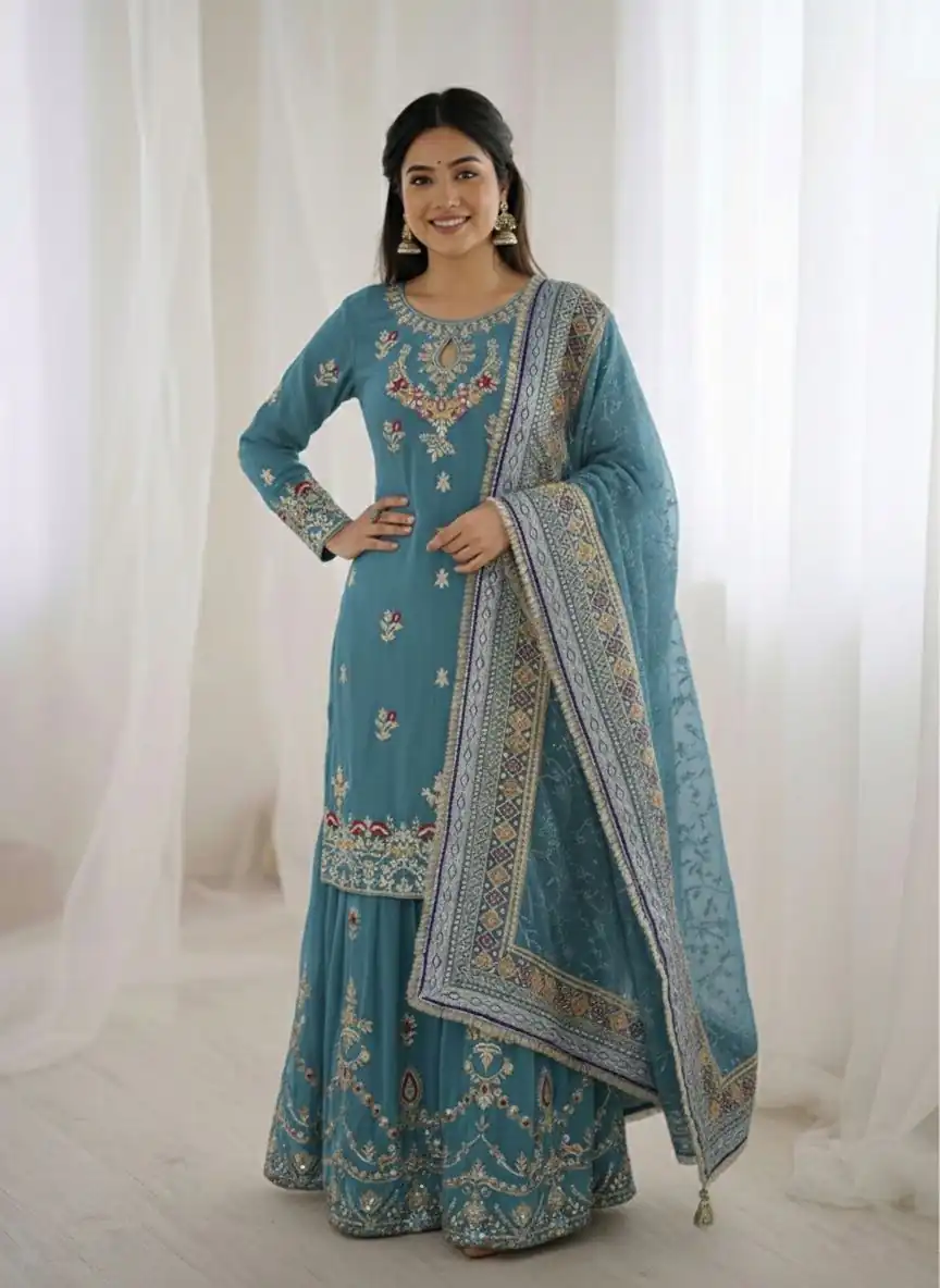 Sky Blue Georgette Sequence Work Salwar Suit | Jump Suits, Salwar suit, Casual Suits, Creative suits, Designer Suits, Palazzo Suits, Party Wear Suits, Patiala Suits, Straight Suits