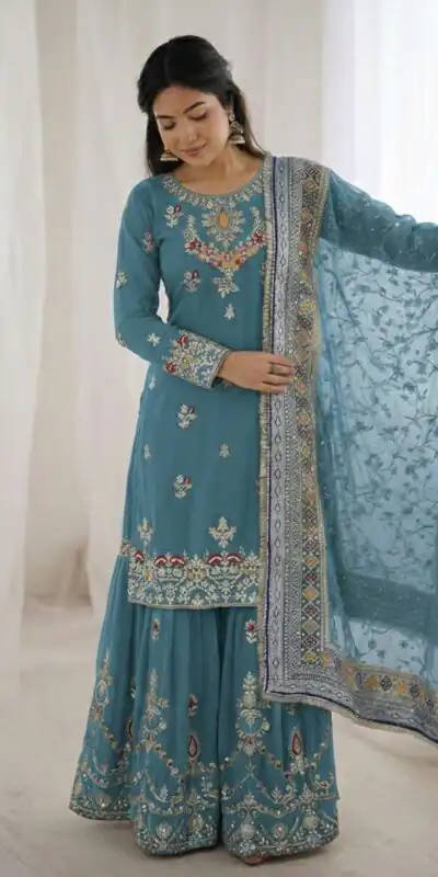 Sky Blue Georgette Sequence Work Salwar Suit | Jump Suits, Salwar suit, Casual Suits, Creative suits, Designer Suits, Palazzo Suits, Party Wear Suits, Patiala Suits, Straight Suits