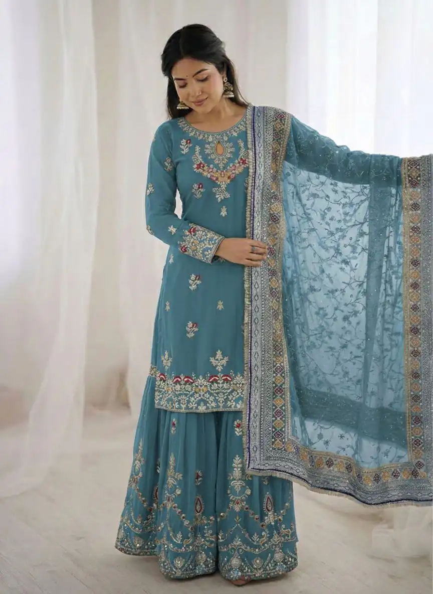 Sky Blue Georgette Sequence Work Salwar Suit | Jump Suits, Salwar suit, Casual Suits, Creative suits, Designer Suits, Palazzo Suits, Party Wear Suits, Patiala Suits, Straight Suits