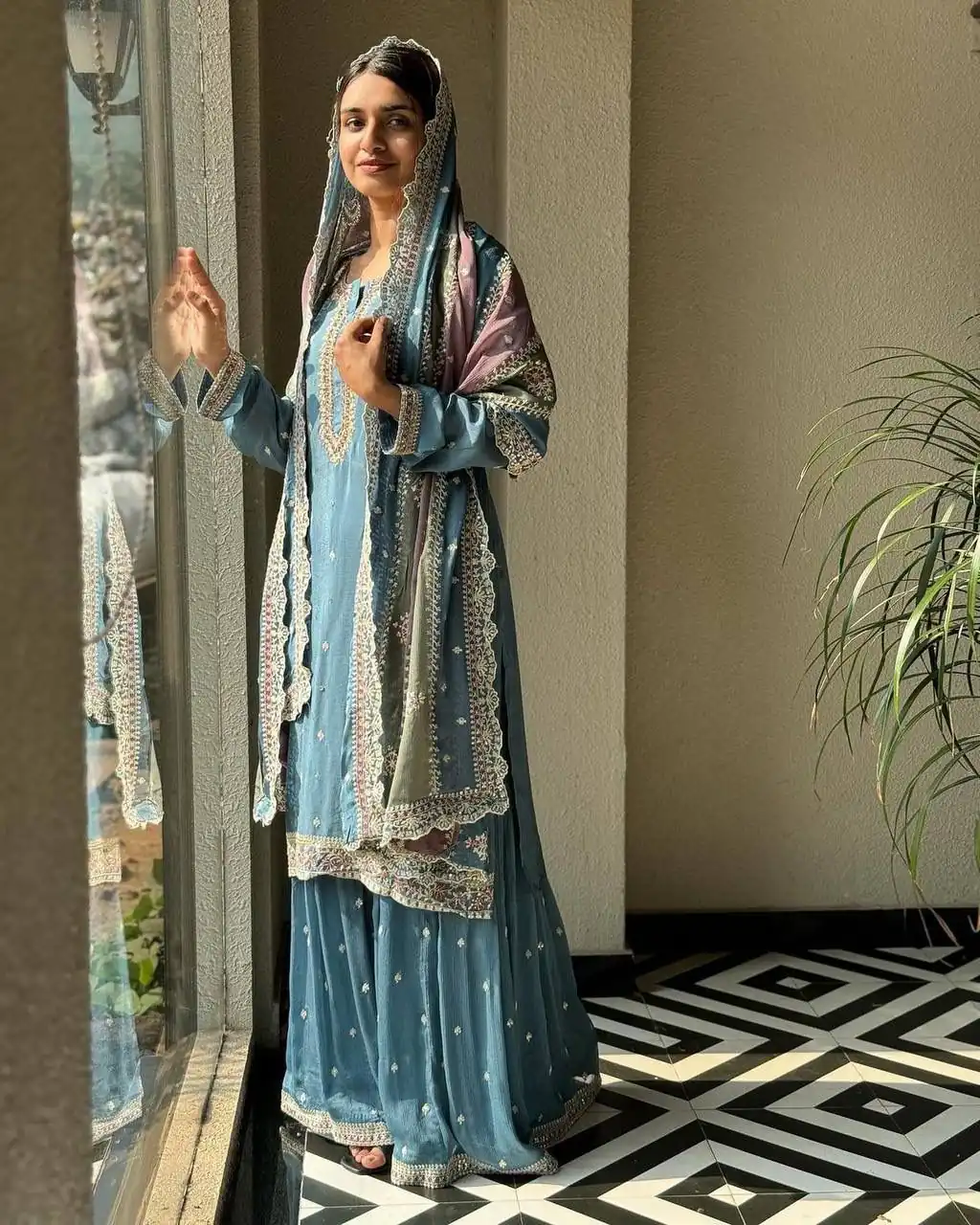 Sky Blue Georgette Sequins Work Embroidery Slawar Suit | Salwar suit, Casual Suits, Creative suits, Designer Suits, Palazzo Suits, Party Wear Suits, Patiala Suits, Straight Suits