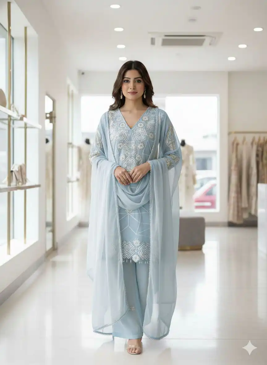 Sky Blue Georgette Sequins Work Salwar Suit | Jump Suits, Salwar suit, Casual Suits, Creative suits, Designer Suits, Palazzo Suits, Party Wear Suits, Patiala Suits, Straight Suits