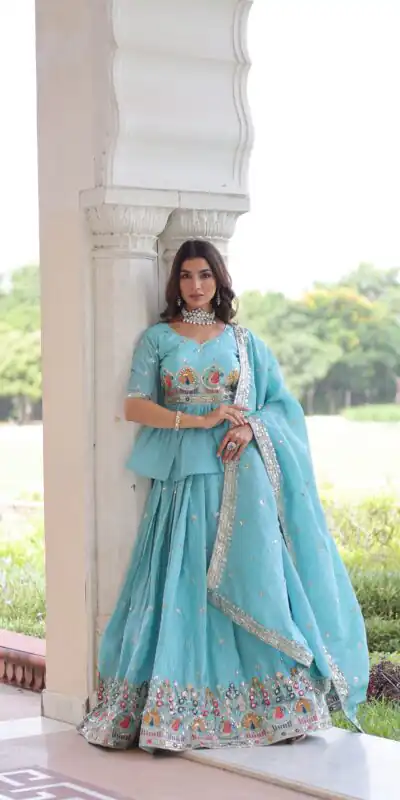 Sky Blue Gold Crush Embroidery Zari Work Lehenga Choli | Lehenga, Bollywood Lehenga, Creative Lehenga, Designer Lehenga, Embroidered Lehenga, Party Wear Lehenga