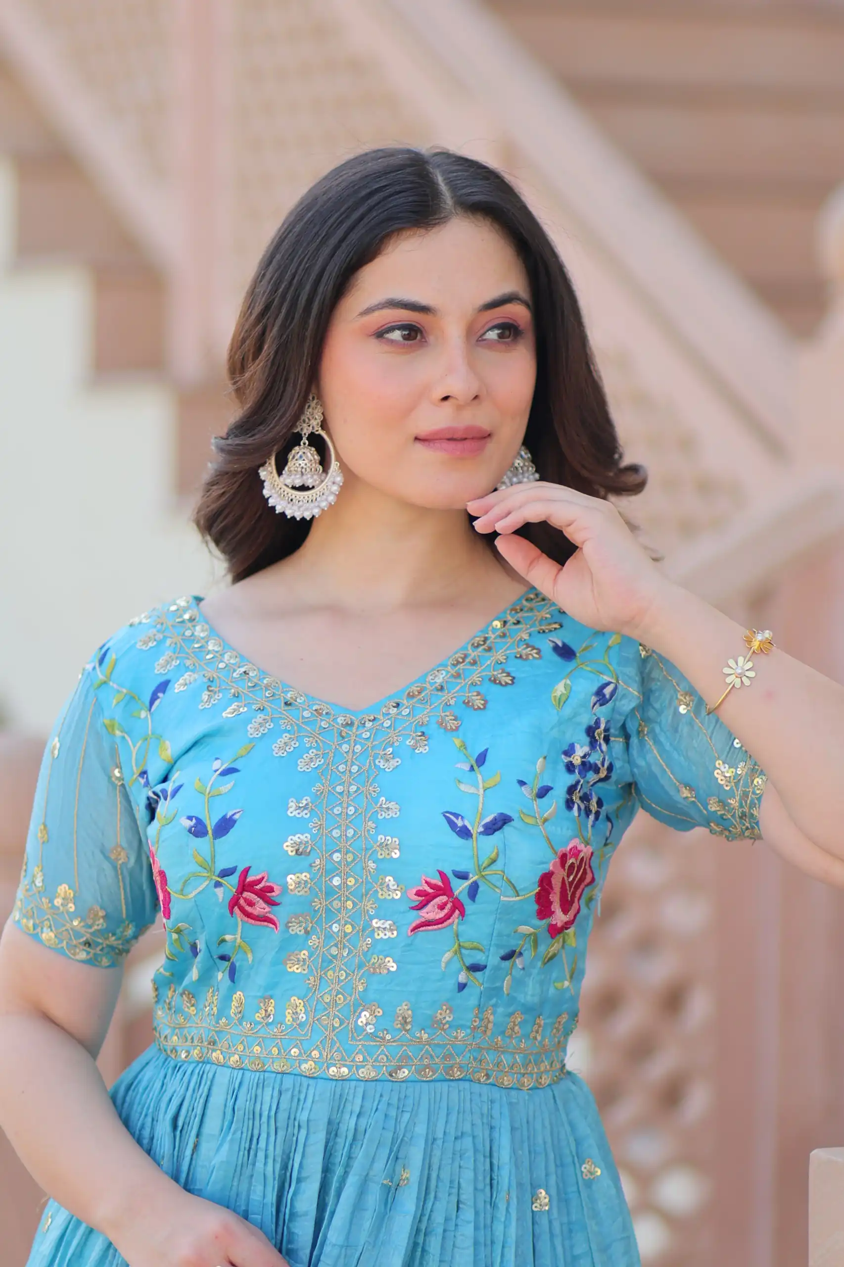 Sky Blue Gold Crush Zari Embroidery Work Gown | Gowns, Bollywood Gowns, Creative Gowns, Designer Gowns, Embroidered Gowns, Party Wear Gowns