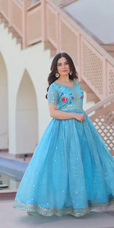 Sky Blue Gold Crush Zari Embroidery Work Gown | Gowns, Bollywood Gowns, Creative Gowns, Designer Gowns, Embroidered Gowns, Party Wear Gowns