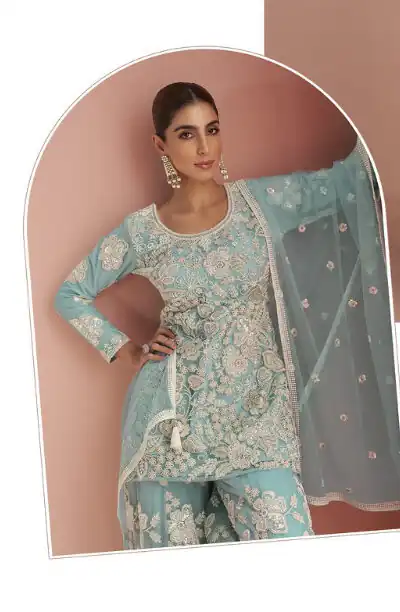 Sky Blue Heavy Net Sequence Work Salwar Suit | Jump Suits, Salwar suit, Casual Suits, Creative suits, Designer Suits, Palazzo Suits, Party Wear Suits, Patiala Suits, Straight Suits