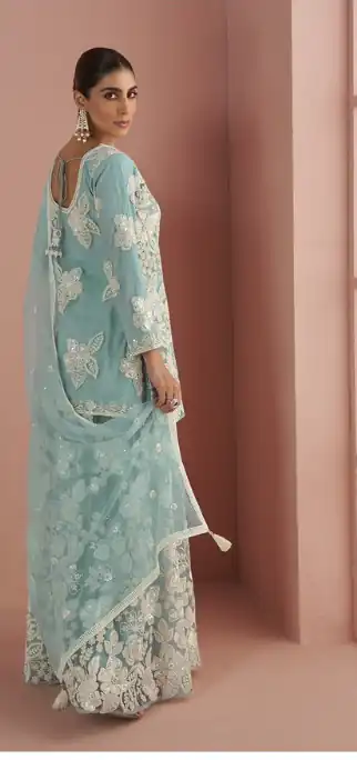 Sky Blue Heavy Net Sequence Work Salwar Suit | Jump Suits, Salwar suit, Casual Suits, Creative suits, Designer Suits, Palazzo Suits, Party Wear Suits, Patiala Suits, Straight Suits