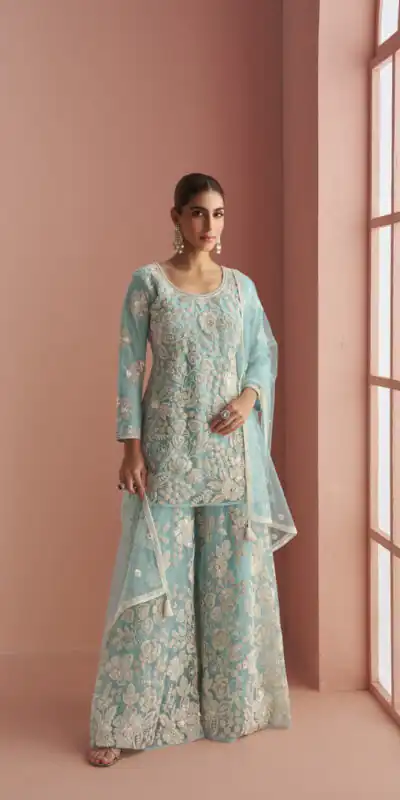 Sky Blue Heavy Net Sequence Work Salwar Suit | Jump Suits, Salwar suit, Casual Suits, Creative suits, Designer Suits, Palazzo Suits, Party Wear Suits, Patiala Suits, Straight Suits