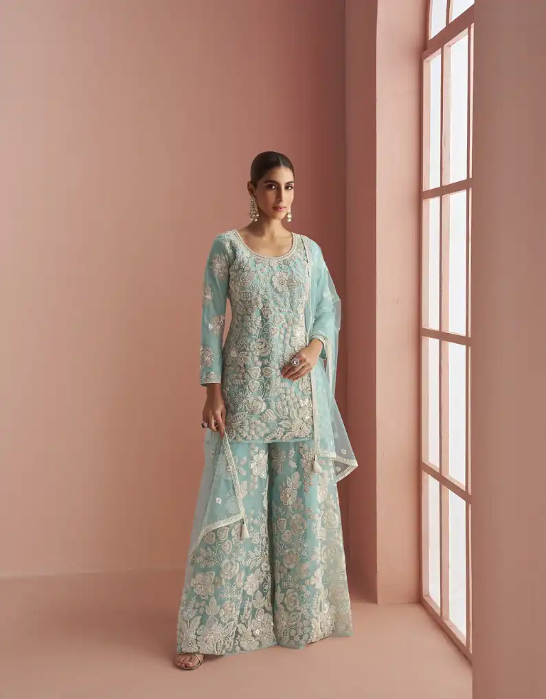 Sky Blue Heavy Net Sequence Work Salwar Suit | Jump Suits, Salwar suit, Casual Suits, Creative suits, Designer Suits, Palazzo Suits, Party Wear Suits, Patiala Suits, Straight Suits