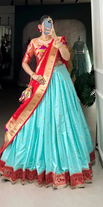 Sky Blue Jacquard Weaving Lehenga Choli | Lehenga, Bollywood Lehenga, Creative Lehenga, Designer Lehenga, Embroidered Lehenga, Party Wear Lehenga