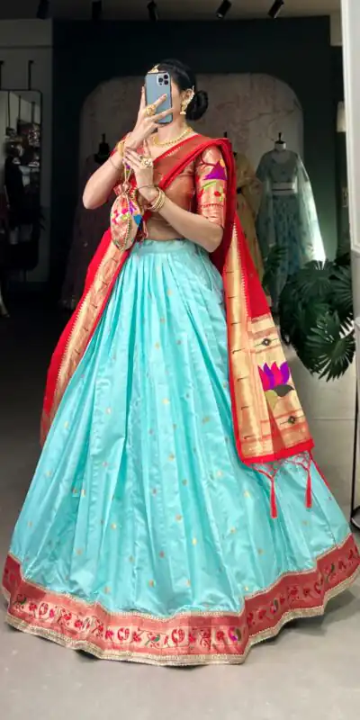 Sky Blue Jacquard Weaving Lehenga Choli | Lehenga, Bollywood Lehenga, Creative Lehenga, Designer Lehenga, Embroidered Lehenga, Party Wear Lehenga