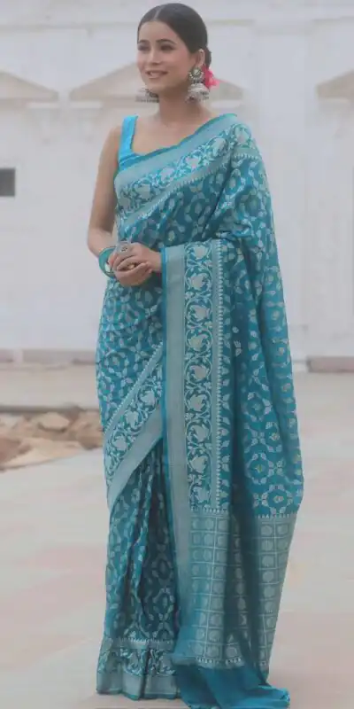 Sky Blue Lichi Silk Jacquard Border Work Saree | Sarees, Bollywood Sarees, Creative Sarees, Designer Sarees, Embroidered Sarees, Ethnic Saree, Modern Digital sarees, Party Wear Sarees
