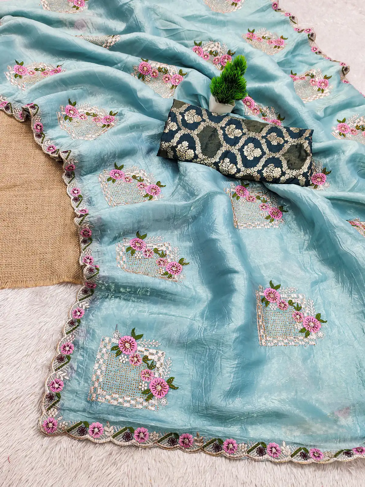 Sky Blue Paper Silk Crush With Embroider Saree | Sarees, Bollywood Sarees, Creative Sarees, Designer Sarees, Embroidered Sarees, Ethnic Saree, Modern Digital sarees, Party Wear Sarees