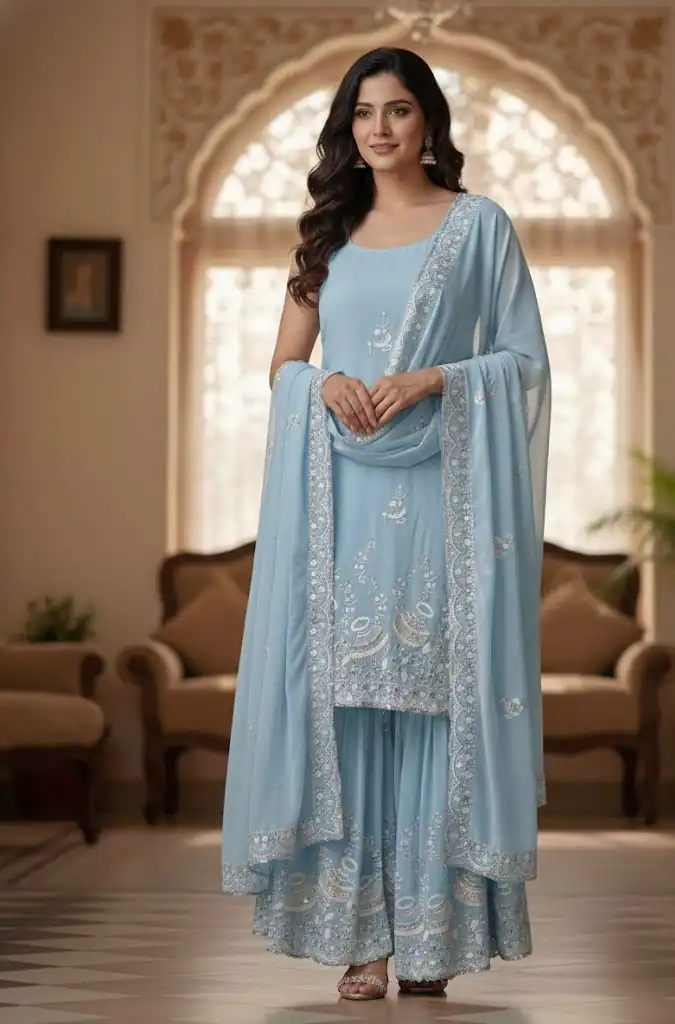 Sky Blue Peach Georgette Embroidery Work Salwar Suit | Jump Suits, Salwar suit, Casual Suits, Creative suits, Designer Suits, Palazzo Suits, Party Wear Suits, Patiala Suits, Straight Suits