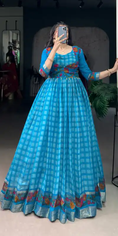 Sky Blue Polyester Viscose Chanderi Gown | Gowns, Bollywood Gowns, Creative Gowns, Designer Gowns, Embroidered Gowns, Party Wear Gowns