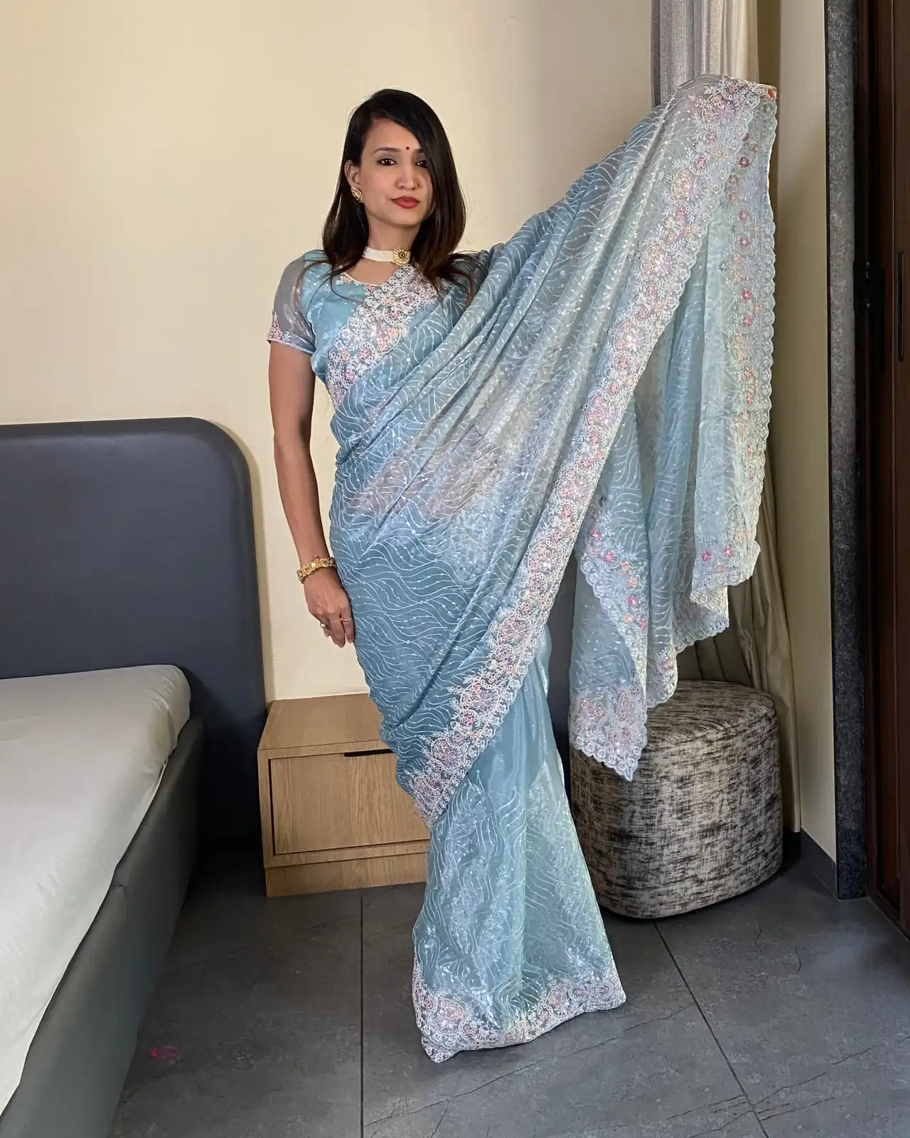 Sky Blue Premium Barbari Silk Zari Work Saree | Sarees, Bollywood Sarees, Creative Sarees, Designer Sarees, Embroidered Sarees, Ethnic Saree, Modern Digital sarees, Party Wear Sarees