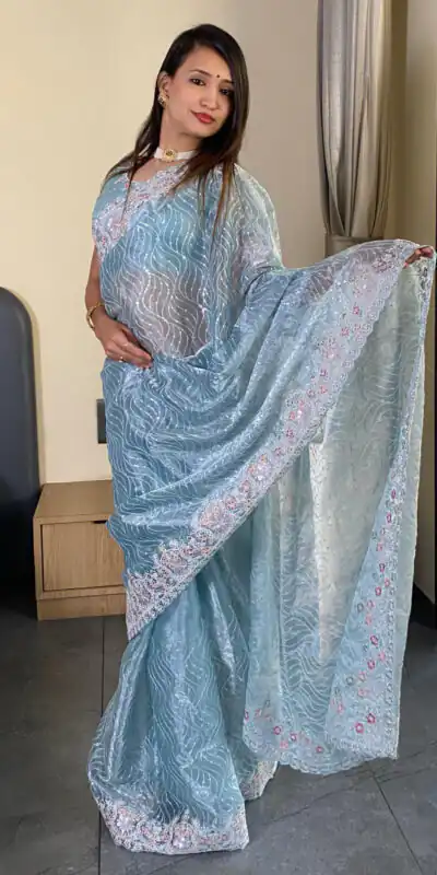 Sky Blue Premium Barbari Silk Zari Work Saree | Sarees, Bollywood Sarees, Creative Sarees, Designer Sarees, Embroidered Sarees, Ethnic Saree, Modern Digital sarees, Party Wear Sarees