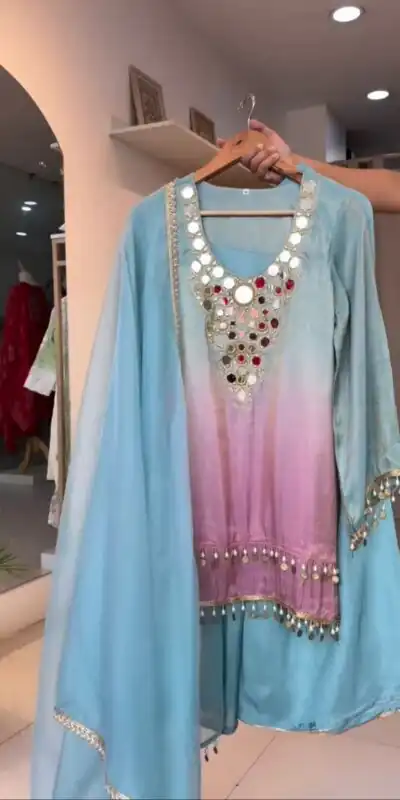 Sky Blue Printed Crape Silk Mirror Work Salwar Suit | Jump Suits, Tops & Bottoms, Track Suits, Salwar suit, Casual Suits, Creative suits, Designer Suits, Palazzo Suits, Party Wear Suits, Patiala Suits, Straight Suits, Trendy Wear