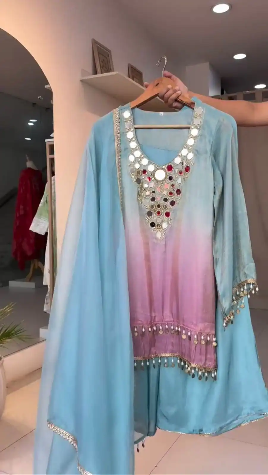 Sky Blue Printed Crape Silk Mirror Work Salwar Suit | Jump Suits, Tops & Bottoms, Track Suits, Salwar suit, Casual Suits, Creative suits, Designer Suits, Palazzo Suits, Party Wear Suits, Patiala Suits, Straight Suits, Trendy Wear