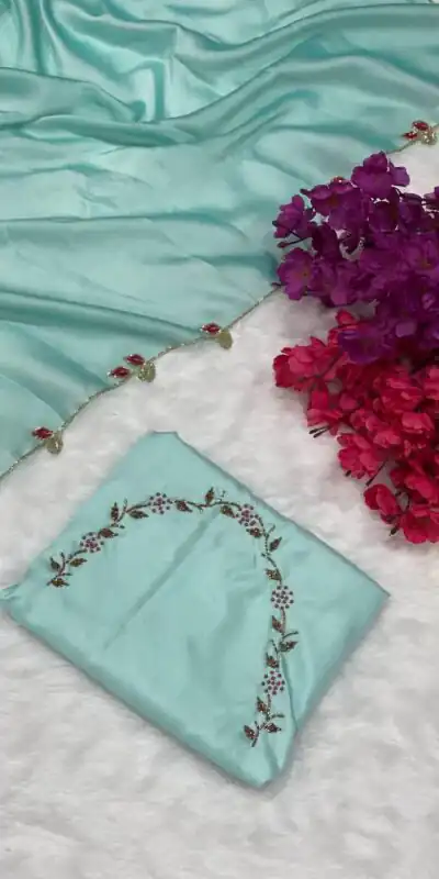 Sky Blue Rangoli Silk Handwork And Cutwork With Pearl Saree | Sarees, Bollywood Sarees, Creative Sarees, Designer Sarees, Embroidered Sarees, Ethnic Saree, Modern Digital sarees, Party Wear Sarees