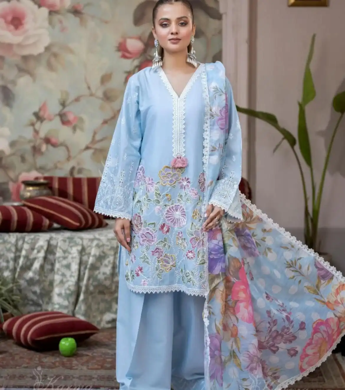 Sky Blue Roman Silk Embroidery Work Salwar Suit | Jump Suits, Salwar suit, Casual Suits, Creative suits, Designer Suits, Palazzo Suits, Party Wear Suits, Patiala Suits, Straight Suits