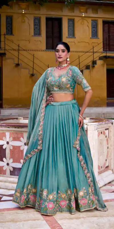 Sky Blue Shimmer Sequins Thread Work Lehenga Choli | Lehenga, Bollywood Lehenga, Creative Lehenga, Designer Lehenga, Embroidered Lehenga, Party Wear Lehenga