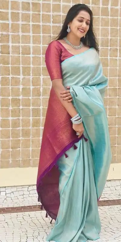 Sky Blue Soft Lichi Silk Lace Work Border Saree | Sarees, Bollywood Sarees, Creative Sarees, Designer Sarees, Embroidered Sarees, Ethnic Saree, Modern Digital sarees, Party Wear Sarees